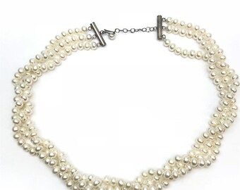 Triple Strand Pearl Necklace with Sterling Silver Clasp