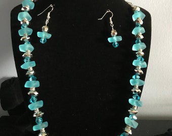 Seaglass silver rondelle 3 piece jewelry set