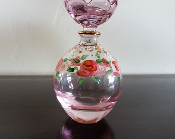 Pink Hand Painted Perfume Bottle with Flower Stopper, Lead Crystal made in Italy by Royal Crystal