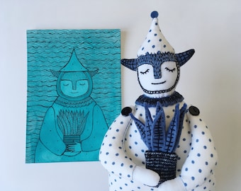 Art doll water dwarf Vasily & hand made postcard – 2in1 – Not Imaginary Friends and Chuzhestranka Otkritki limited edition collaboration