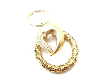 Whiting Davis Signed Vintage Gold Tone Mesh Metal & Clear Rhinestone Heart Keychain / Accessory