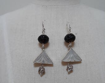 Carved Mother of Pearl, Smokey Quartz and sterling silver earrings.