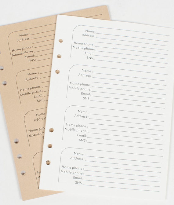 Printed A5 Half Letter Size Address inserts Planner Paper