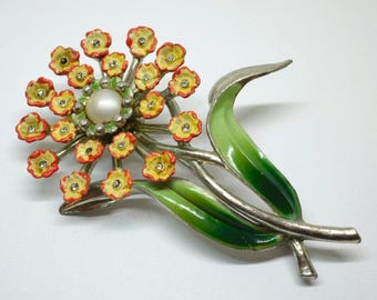 Large Vintage Coro Enamel Rhinestone & Pot Metal Flower Pin Gene Verrecchio