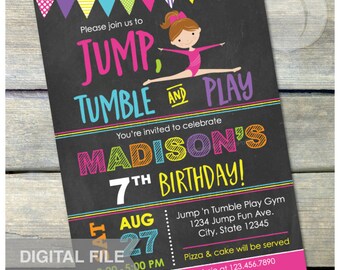 Gymnastics Birthday Chalkboard Invitation Jump Tumble Play Girl Party - DIGITAL Printable Invite - 5” x 7”