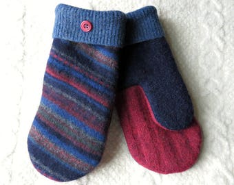 Navy Blue and Red Felted Wool Mittens, Sweater Wool Mittens, Eco-Friendly Lined Adult Mittens