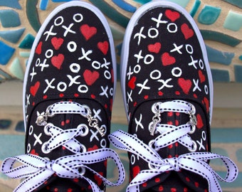 Black Platform Sneakers Painted with White XOXO's and Bright Red Hearts/Unique Valentine's Day Gift/Fun Way to Express Your Love for Her