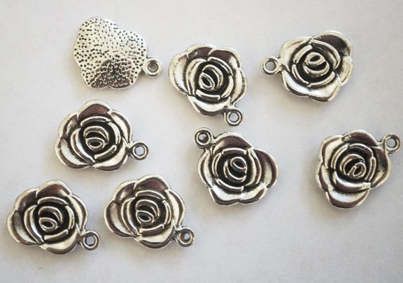 BULK 50 Rose flower connector charms antique silver tone F30