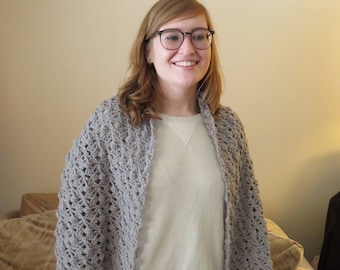 Gray crocheted rectangular shawl