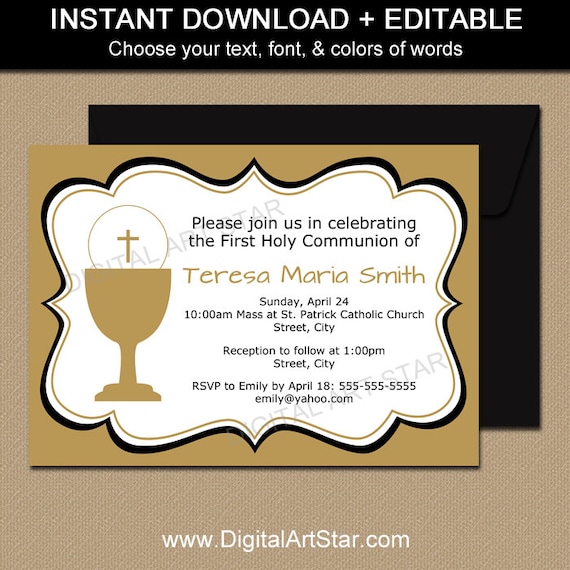 gold first holy communion invitation printable template 1st communion invitation diy editable invitation template digital pdf file