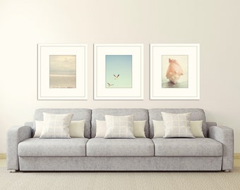 beach prints coastal wall art Ocean decor nautical wall decor print set of 3 ocean photography pale blue wall art seagulls shell photography