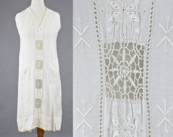 1920s Dress, Vintage 20s Embroidered Linen Spiderweb Lace Dress, 1920s Day Dress, Gatsby Garden Dress, Antique White Sailor Dress, M - L