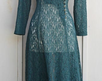 Green Lace Dress - Vintage Sheer Dress - 80s Dress - Long Sleeve Dress - Button Down Dress - See Through Dress - Wrap Dress - Grunge Dress