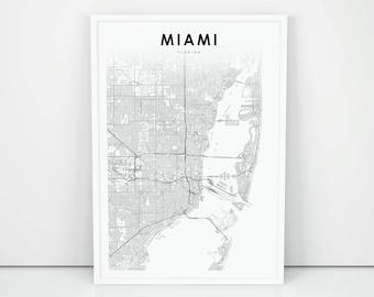 Miami Map Print, Florida FL USA Map Art Poster, City Street Road Map Print, Nursery Room Wall Office Decor, Printable Map