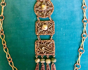 Vintage Mexican Mixed Metal Copper/Brass Green Agate 1950's Pendant Necklace