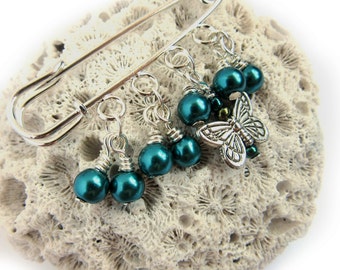 Blue Butterfly Pin - Scarf Pin - Sweater Pin - Blue Bead Brooch - Blue Pearl