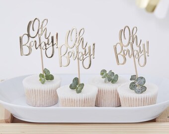 Gold Oh Baby Cupcake Toppers, Gold Baby Shower Cake Picks, New Born Party, Baby Shower Tableware, Baby Shower Decorations, Gold Baby Shower