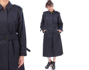 BURBERRYS Trenchcoat 1980s Navy Blue Belted Rain Trench Coat Long Topcoat Plaid Lining Raglan Sleeves Overcoat Retro Outerwear . Medium