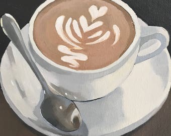 cafe latte #2, 6x6 original oil on canvas , coffee art, cafe latte painting, kitchen art, small art, still life art