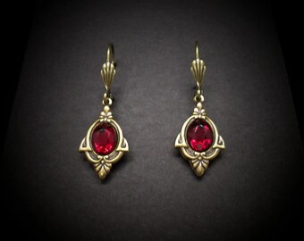 Garnet Earrings Art Deco Style Garnet Glass Antiqued Brass FREE SHIPPING USA