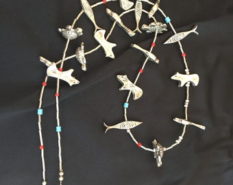 Navaho necklace, vintage, silver and turquoise, animal motif