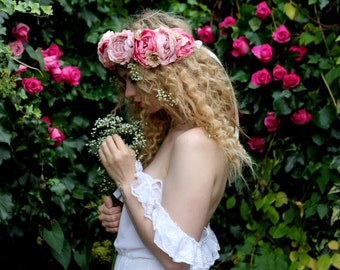 Pink flower crown, floral garland, Lana Del Ray, Wedding headpiece, nature inspired, vintage inspired, rustic rose, love.
