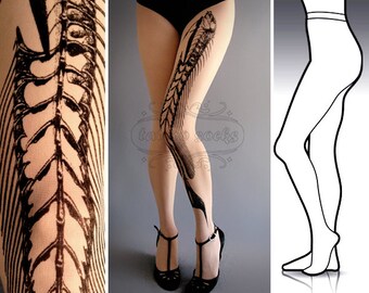 S/M Fish Bone tattoo tights / stockings / full length / pantyhose / nylons WHITE