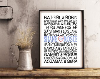 Personalized Subway Art- SUPERHERO Couples- Print 8x10