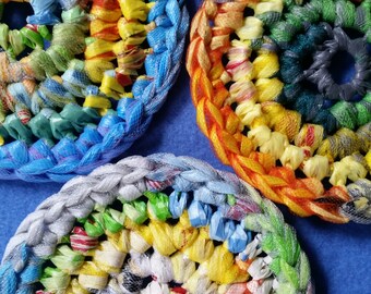 Three Multicolored Plarn Dish Scrubbies, recycled plastic bags, upcycled dish scrubby pot scrubbers