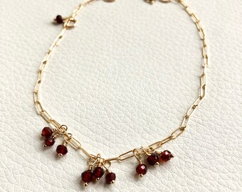 Garnet Bracelet, Anniversary Gift, Garnet & Gold Bracelet, Cluster Garnet Bracelet, January Birthstone, Red Gemstone, Adjustable Bracelet
