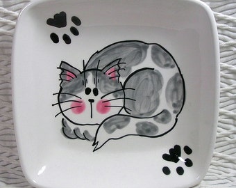 Grey & White Cat with Paw Prints On Square Ceramic Dish / Bowl