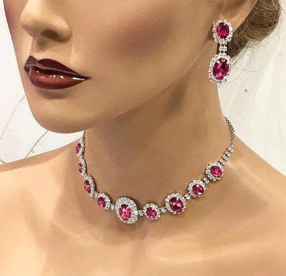 Wedding Jewelry Set Hot Pink Fuchsia Necklace Earrings