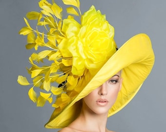 Kentucky Derby Yellow Hat, Couture derby hat, Yellow derby hat, Spring hat, derby day.