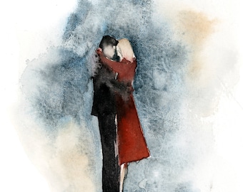 The Hug Fine Art Print, love story series watercolor painting art, couple in love painting art print, giclee love wall art print