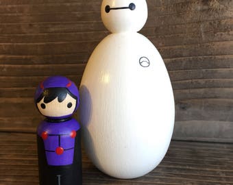 Baymax and Hiro, Big Hero 6, Wood Peg Dolls hand painted wood peg people peg doll