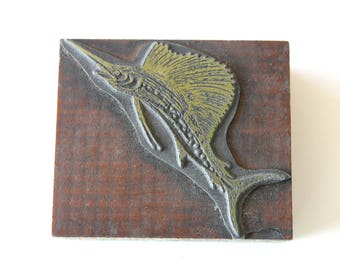Vintage Sailfish Letterpress Printers Cut of a Billfish Printers Block