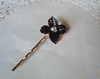 Flower Hair Pin (299) - Black Flower Hair Pin -- Rhinestone Hair Pin - jeweled hair pin - recycled jewelry