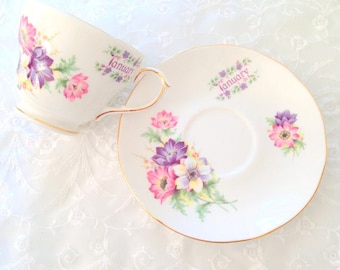 JANUARY, Vintage English Duchess Fine Bone China Tea Cup and Saucer January Birthday Gift Inspiration Cottage Style Tea Party Shabby Chic