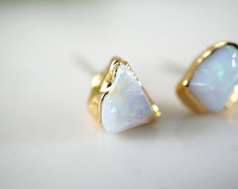 Raw Opal Earrings • Opal Earrings • Opal Stud Earrings • Gift for Wife • Gold Earrings • Raw Stone Earrings • October Birthstone