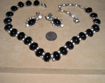 Elegant Bogoff Necklace Earrings Vintage With Black Glass Cabochons & Rhinestones Screw Backs 1940's Signed Jewelry 2145