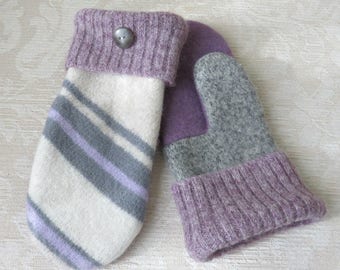 SALE - Repurposed Sweater Wool Mittens in Lavender, Gray and Cream, Eco-Friendly Felted Wool Mittens, Adult Size