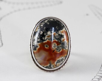 Antique Moss Agate Ring, Large Sterling Silver Cabochon Dendritic, Bohemian Statement Ring Festival Jewelry