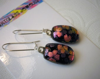 Fused Glass Flower Earrings, .925 Sterling Kidney Earwires, Deep Purple, Pink and Purple Flowers, Handmade Dichroic Earrings, Glass Jewelry