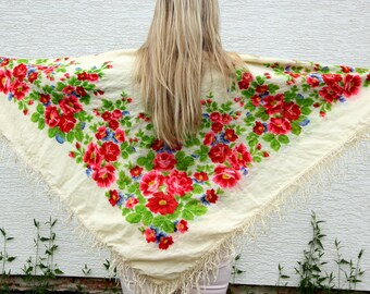 grandmother gift Wool scarf wool shawl floral scarf Vintage shawl Vintage Ukrainian shawl Russian shawl Shawl ivory shawl