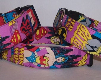 Girl Power Superhero Dog Collar Batgirl Supergirl Wonder Woman Bright Pink D C Comics