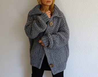 knit cardigan, knit coat, knit jacket, bulky cardigan, bulky, chunky, wool cardigan, gray, hand knit, oversized, merino, wool, made to order