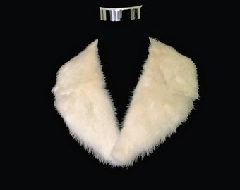 Vintage Fur Collar, Scarf, White, Satin Lined, 1950's