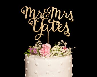 Custom Calligraphy Mr and Mrs Wedding Cake Topper-Gold