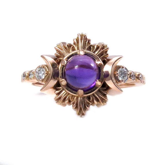 Amethyst Moon Fire Engagement Ring - Rose Gold and Diamond Moon Phase Jewelry