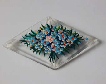 Vintage Flower Brooch Plastic Painted Floral Brooch Blue Pink Flowers Green Leaves